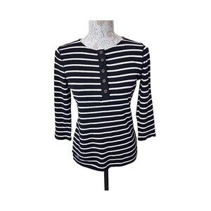Lauren Ralph Lauren Henley Shirt Black Striped 3/4 Sleeve Cotton Women's SP